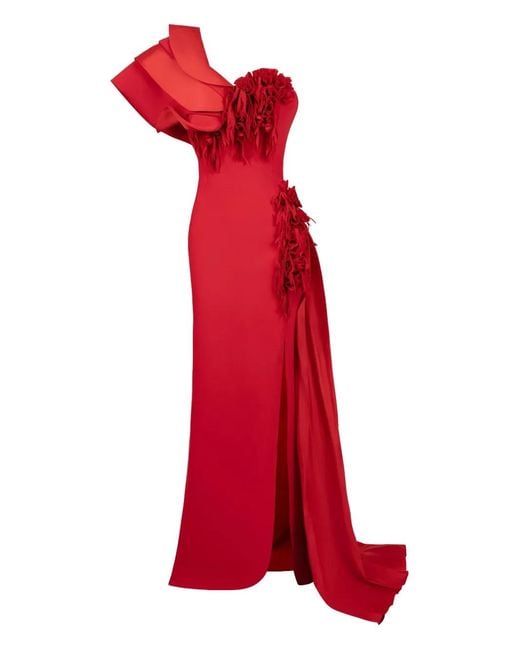 Gaby Charbachy Red Ruffle-Detail Side-Split Evening Gown