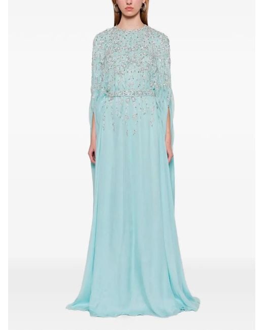 Dina Melwani Blue Crystal-Embellished Cape-Sleeve Maxi Dress