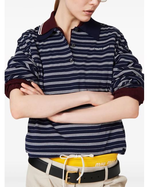 Miu Miu Blue Logo-Print Striped Polo Top