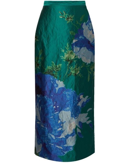 Erdem Green Floral-print Pencil Skirt