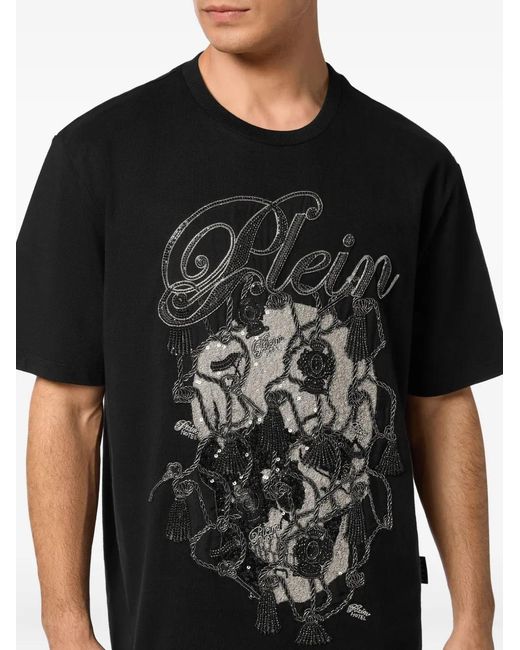 Philipp Plein Black Round Neck T-Shirt Glass Skull for men