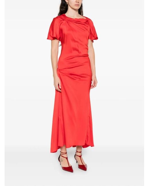 Victoria Beckham Red Draped-Shoulder Midi Dress