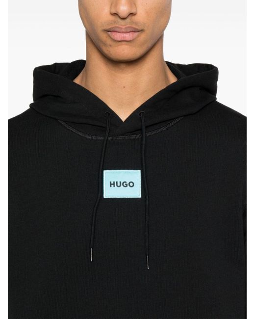 HUGO Black Logo-patch Cotton Hoodie for men