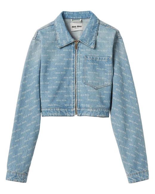 Miu Miu Blue Logo-Print Cropped Denim Jacket