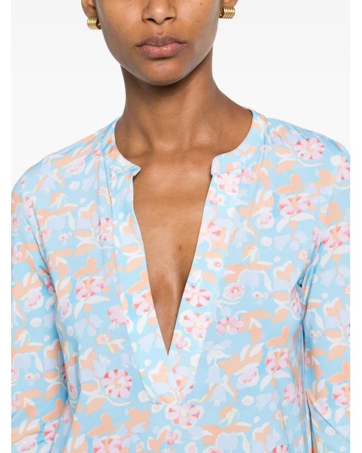 Caliban Blue Floral-Print Long-Sleeve Midi Dress