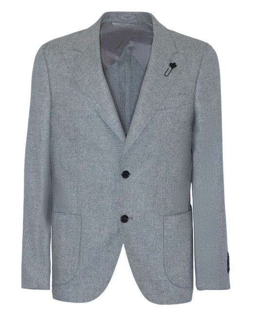 Lardini Blue Herringbone Brooch-Detail Blazer for men