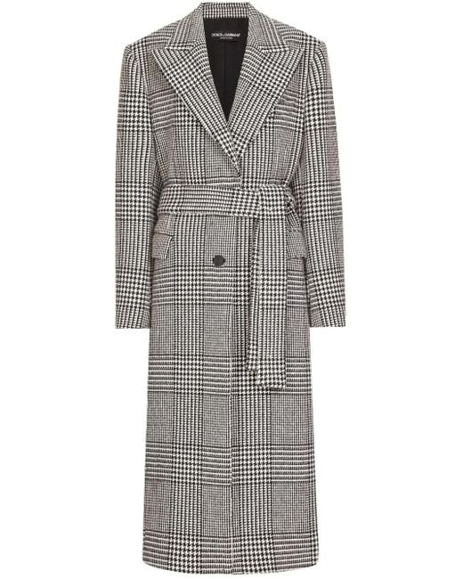 Dolce & Gabbana Gray Houndstooth Wool Coat with Belt
