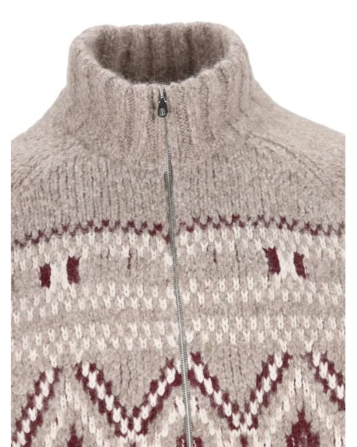 Brunello Cucinelli Gray High-Neck Patterned Cardigan for men