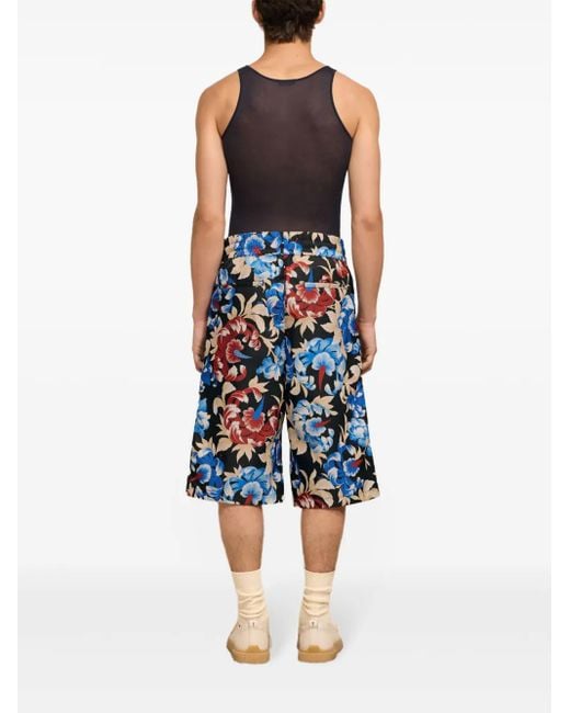 AMI Blue Floral-Print Elasticated-Waist Shorts for men