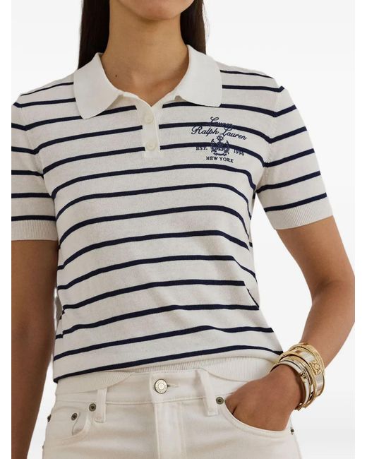 Ralph Lauren White Striped Logo-Embroidered Polo Top