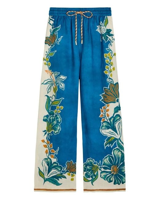 ALÉMAIS Blue Luca Floral-Print Wide-Leg Linen Trousers