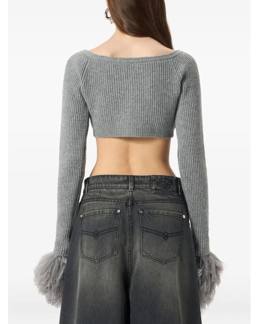 Blumarine Gray Cropped Ribbed Cardigan
