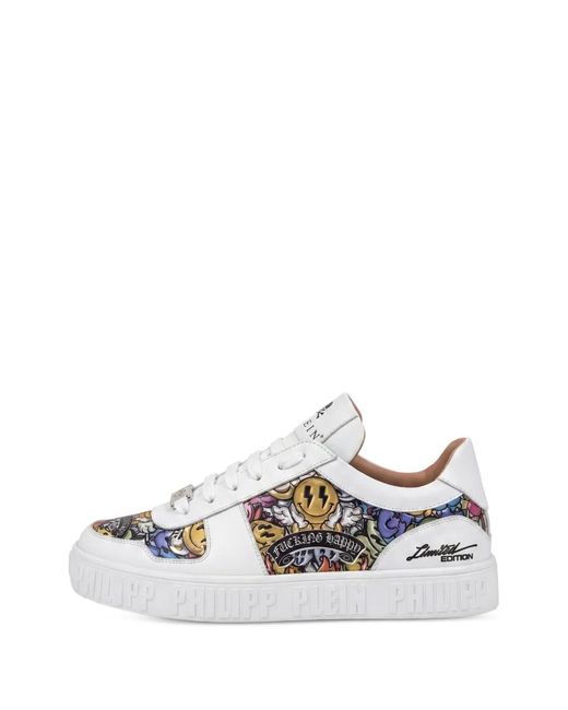 Philipp Plein White Mirror Smile Graphic-Print Sneakers