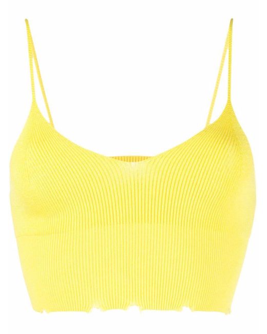 Laneus Yellow V-neck Ribbed-knit Crop Top