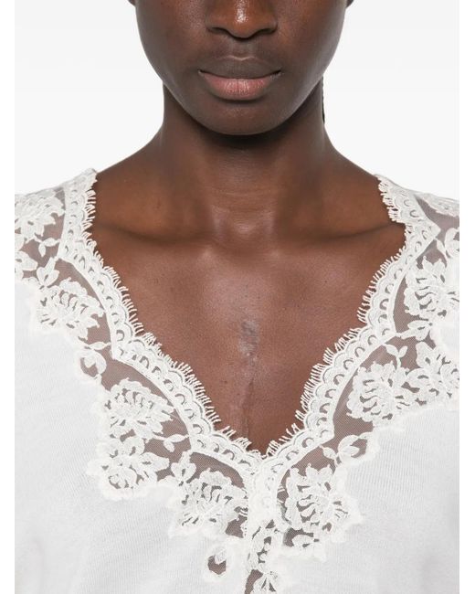 ERMANNO FIRENZE White Lace-Trim V-Neck Sweatshirt