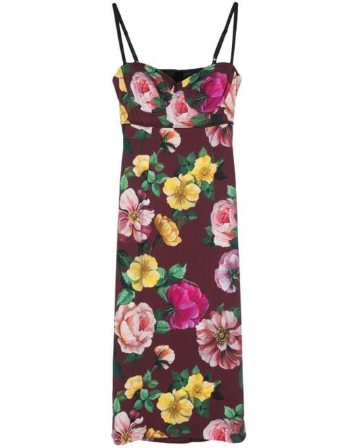Dolce & Gabbana Red Moulded-cup Floral-print Midi Dress