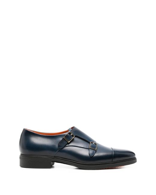 Santoni Blue Double Buckle-Strap Leather Monk Shoes for men