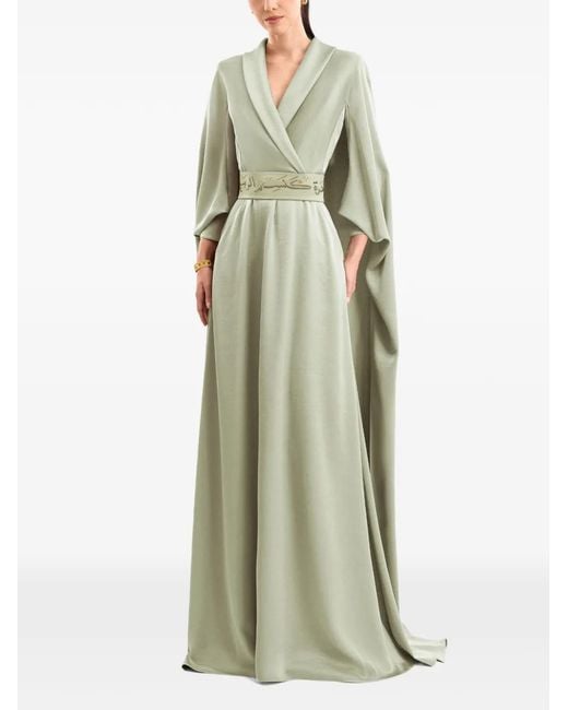 Gemy Maalouf Green Calligraphy V-Neck Maxi Dress