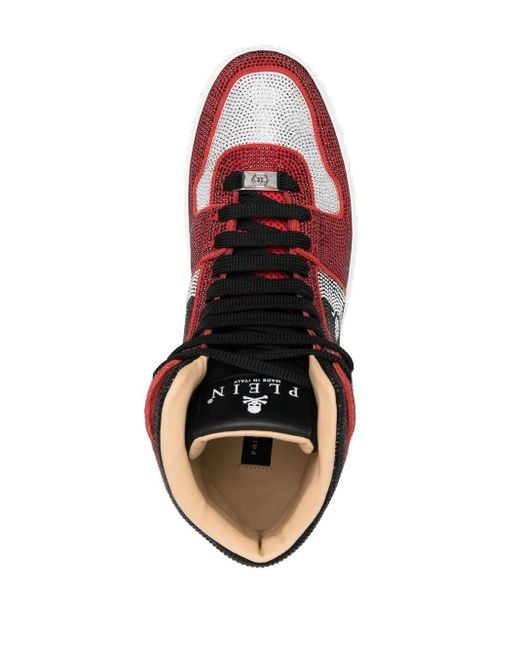 Philipp Plein Red Hi-Top Sneakers Notorious Crystal Skull With Crystals