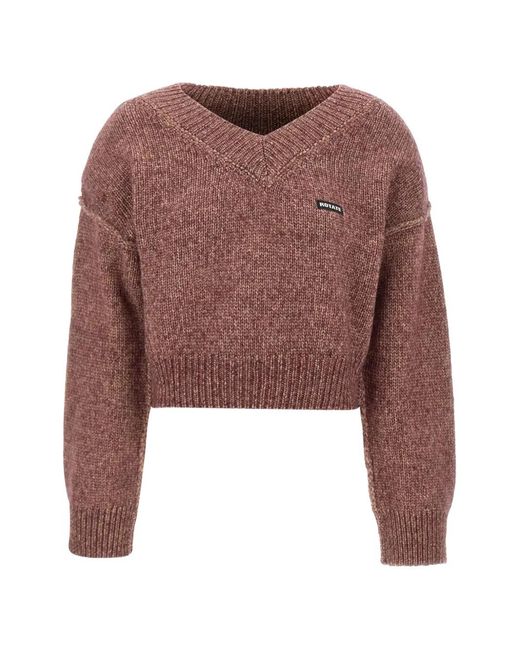 ROTATE BIRGER CHRISTENSEN Brown Logo-Patch V-Neck Sweater