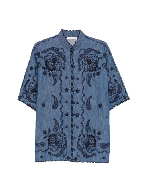 Zimmermann Blue Aster Paisley-embroidered Scalloped Blouse