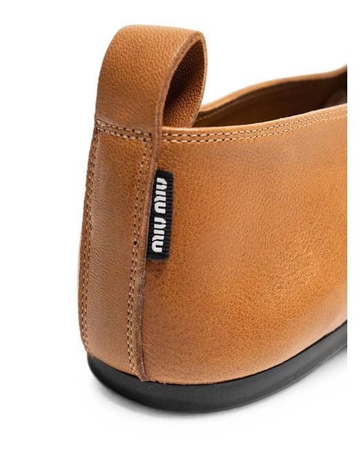 Miu Miu Brown Bow-Detail Leather Ballet Flats