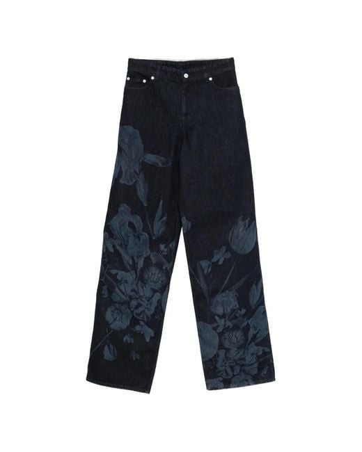 Erdem Blue Floral-Print Straight-Leg Jeans