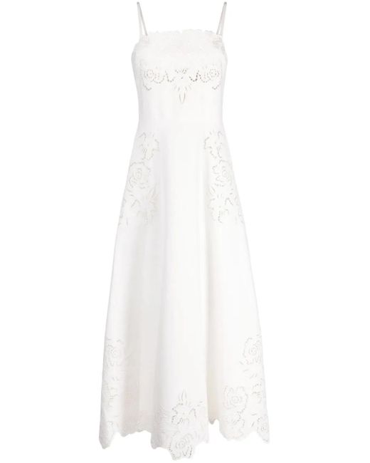 Elie Saab White Drill Floral-Embroidered Midi Dress