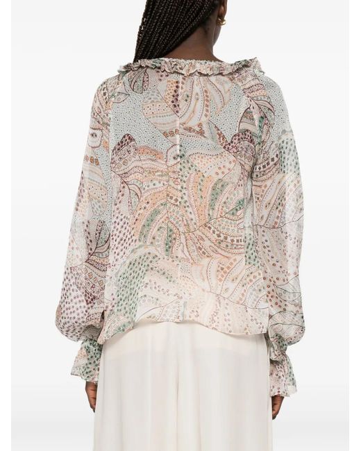 Raquel Diniz White Kate Print-Detail Ruffled Blouse