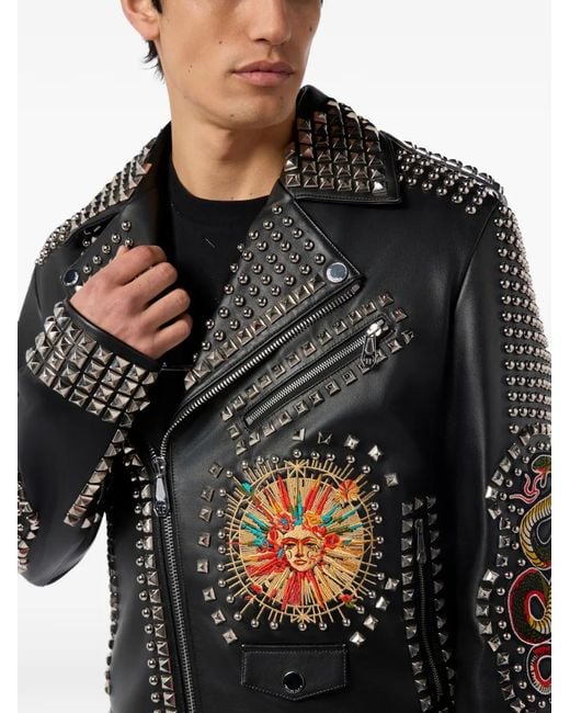 Philipp Plein Leather Biker Jacket Studs & Patches in Black for