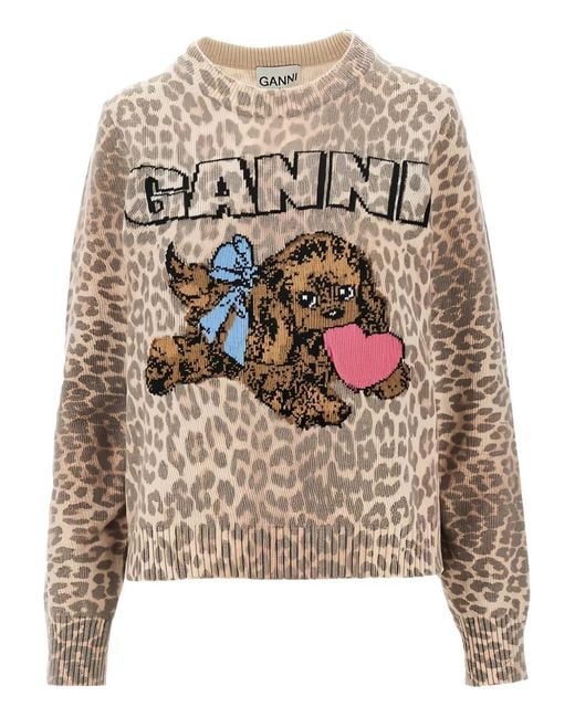 Ganni Natural Leopard Appliqué Sweater