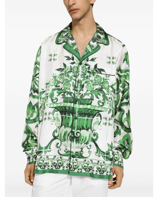 Dolce & Gabbana Seidenhemd mit Majolica-Print in Green für Herren