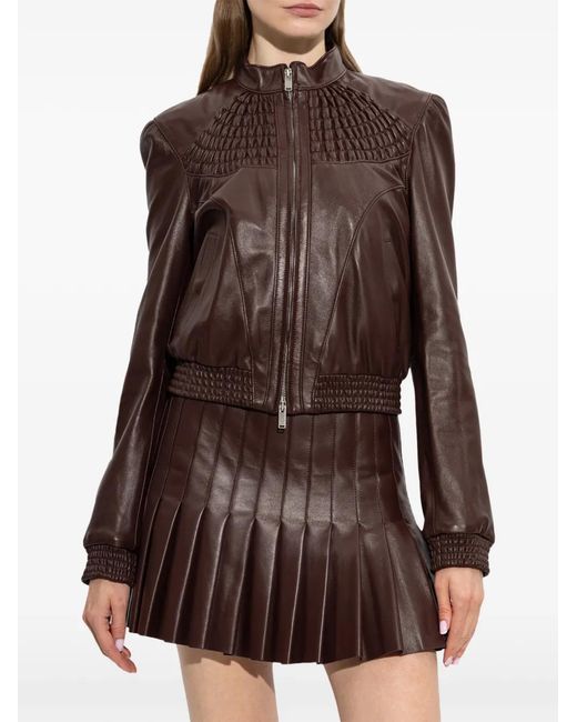 McQueen Brown Veste Smockée En Cuir Bordeaux