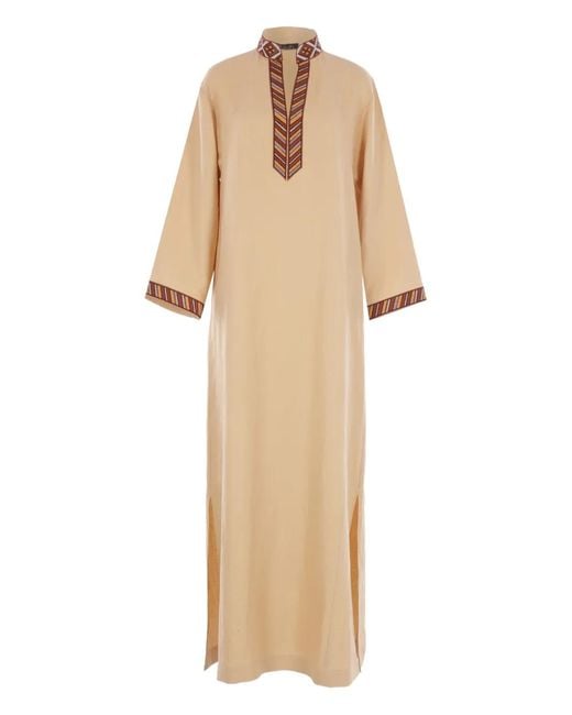 Loro Piana Natural Tilde Embroidered Three-Quarter Sleeve Maxi Dress