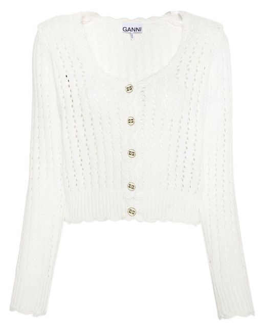 Ganni White Buttoned Open-knit Cardigan