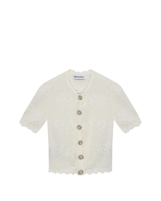 Self-Portrait White Scallop-Edge Pointelle-Knit Cardigan
