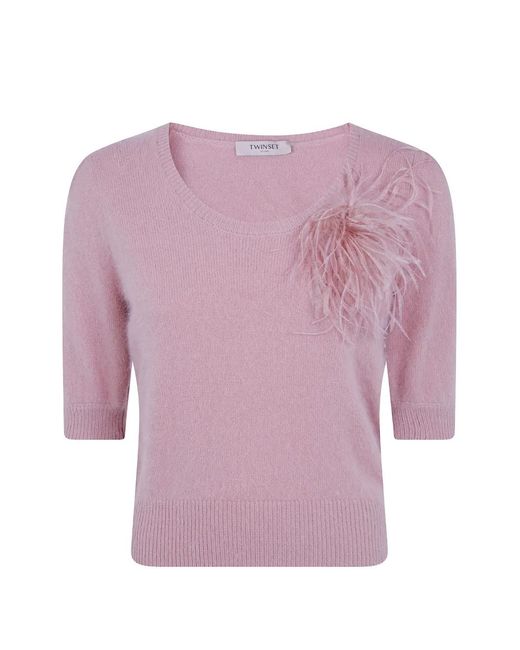 Twinset Pink Feather-Embellished Puff-Sleeve Sweater