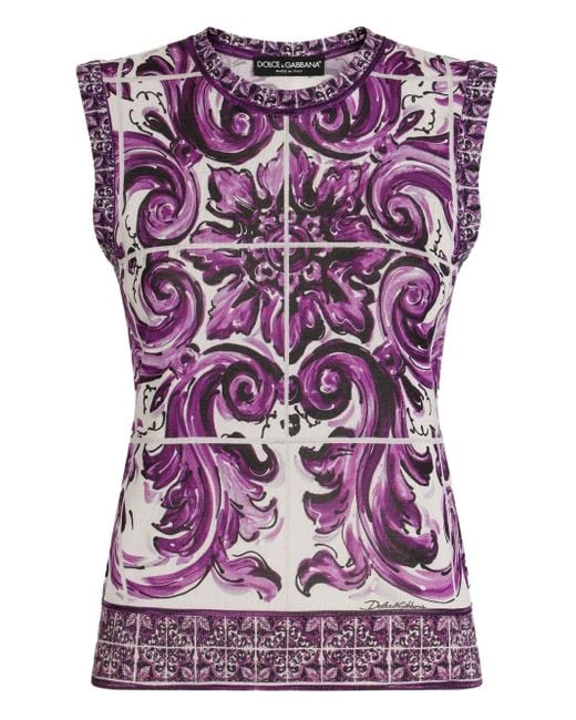Dolce & Gabbana Purple Majolica-Print Silk Top