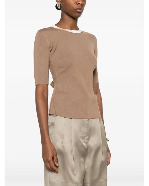 Elisabetta Franchi Natural Knit Fabric Top With Shiny Viscose Bands