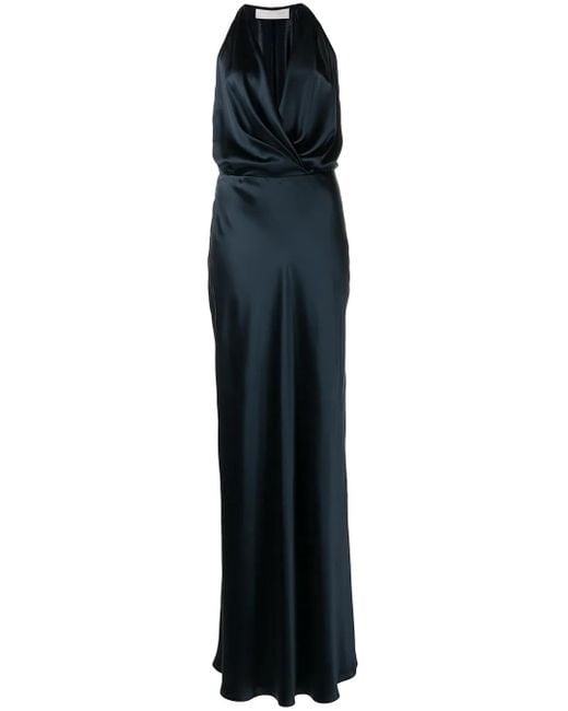 Michelle Mason Blue Draped-Detail Halterneck Gown