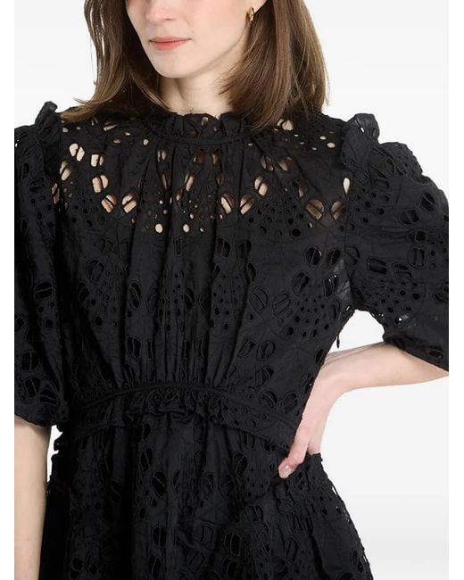 AllSaints Black Odette Broderie-Anglaise Puff-Sleeve Midi Dress