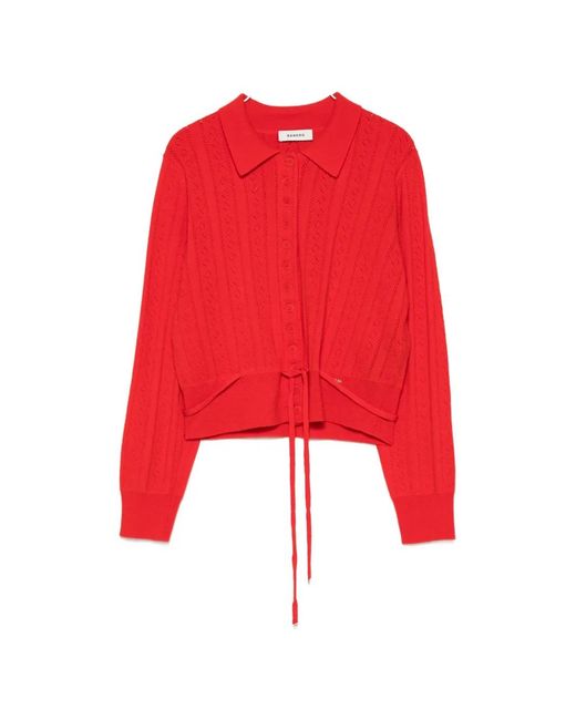 Sandro Red Lotus Pointelle-Knit Tie-Waist Cardigan