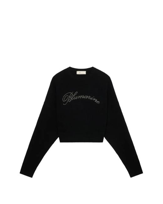 Blumarine Black Rhinestone-Logo Wool Sweater
