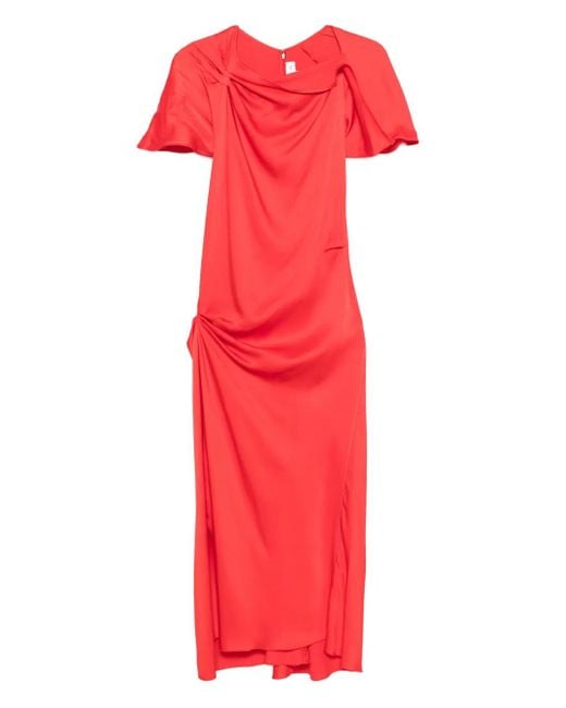 Victoria Beckham Red Draped-Shoulder Midi Dress