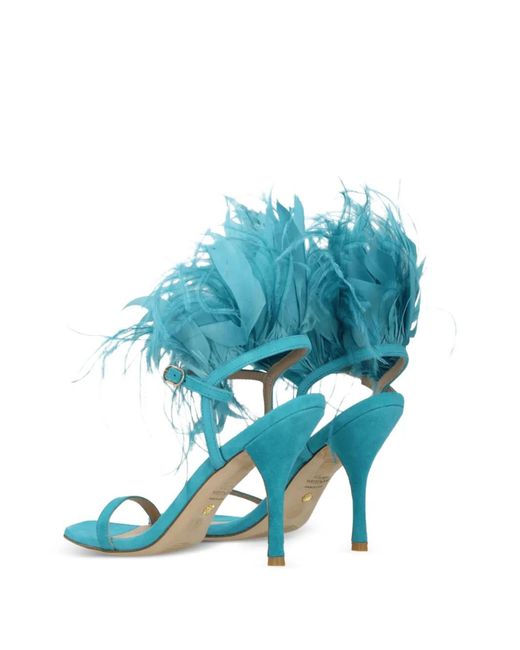 Stuart Weitzman Blue Plume 100 Feather-Trim Suede Sandals