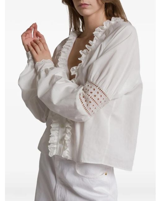 Alberta Ferretti White Volant-Bluse mit V-Ausschnitt