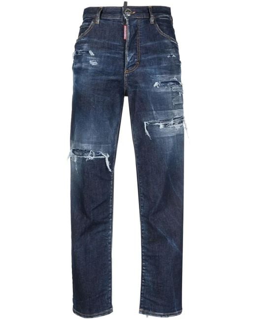 DSquared² Blue Distressed-Effect High-Waisted Jeans