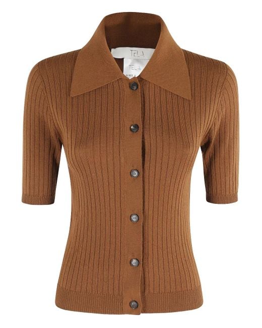 Tela Brown Ribbed Button-Front Top