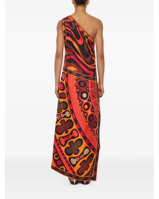 Emilio Pucci Red Marmo And Soleil Prints Asymmetrical Silk Dress