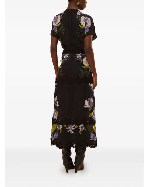 Farm Rio Black Floral-Print Lace-Trimmed Midi Dress